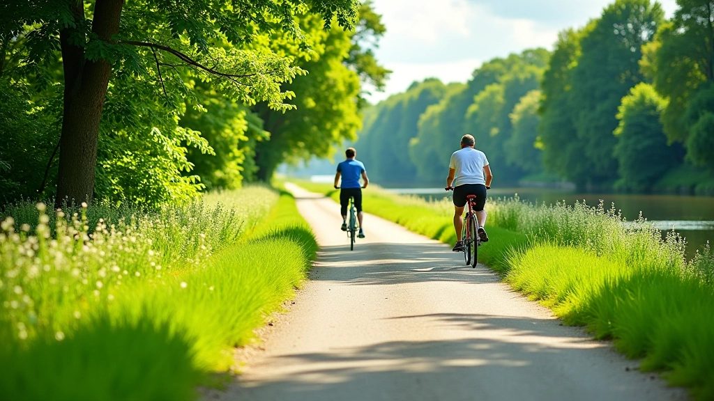 Daugavas uzbari vasarā ar velosipēdistiem un jaukām apstādēm