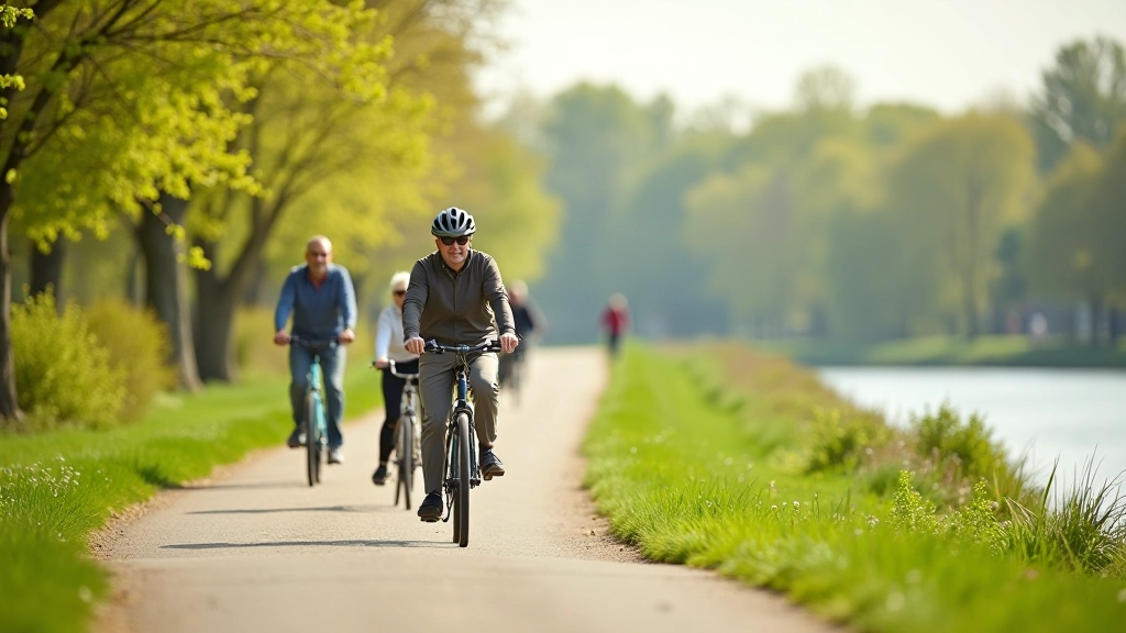 Grupa ceļotāju velobraucēju uz upmāļu ceļa, pavasara laiks